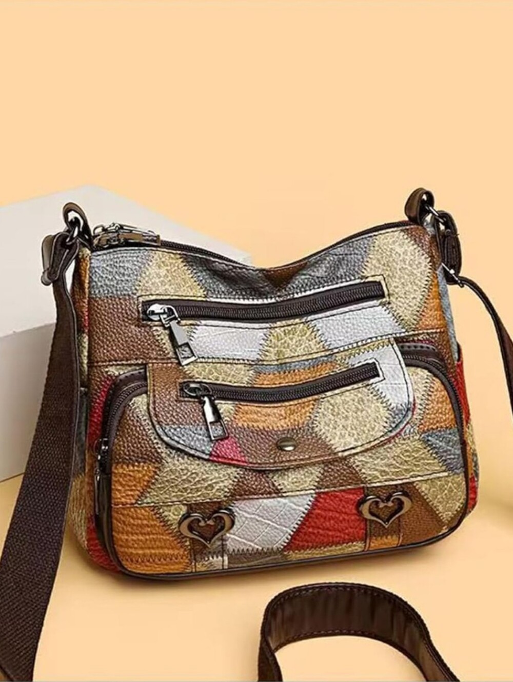Boho Patchwork Leather Crossbody Bag Multi Zip Sling Purse Whimsygoth